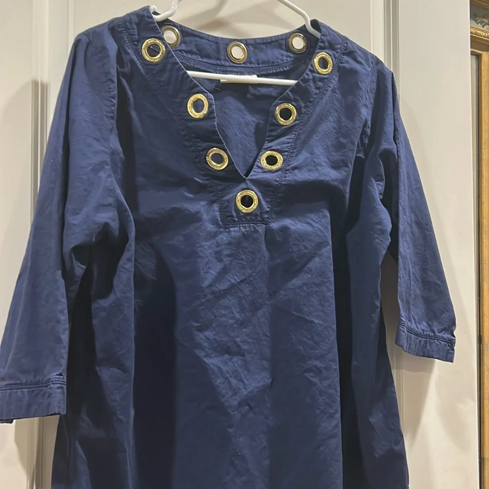 MICHAEL Michael kors goldTone eyelets applique swim coverup 3/4 sleeve semiSheer